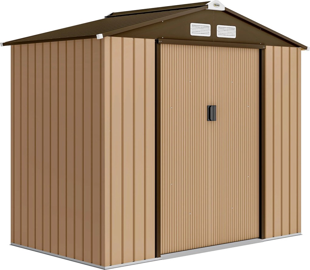 Outsunny Abrigo de Jardim 2,42 m² 213x130x185 cm Abrigo de Jardim Metálico com Porta Deslizante Ventilação Marrom | Aosom Portugal