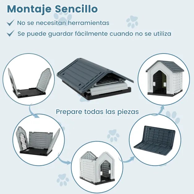 Casota para cães 66,5 x 52 x 60 cm com porta metálica com fechadura e telhado inclinado Boa ventilação para interior e exterior cinzento