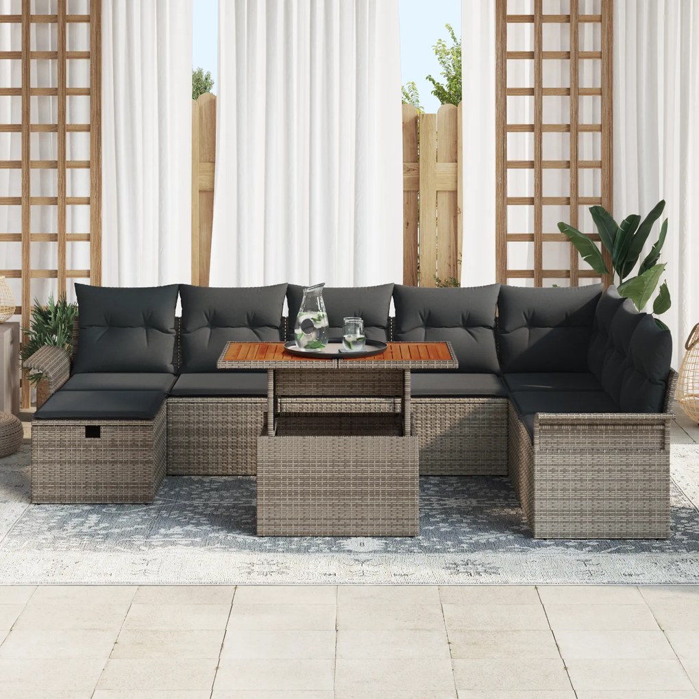 Conjunto de Sofá de Jardim de 9 Peças com Almofadas Cinza Rattan Polie