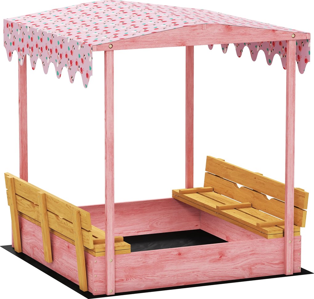 AIYAPLAY Caixa de Areia para Crianças 3-6 Anos com Toldo de Flamingos, Assentos Dobráveis, Tampa e Forro Incluídos, Caixa de Areia Infantil em Abeto, 134.5x127.5x130 cm, Rosa | Aosom Portugal