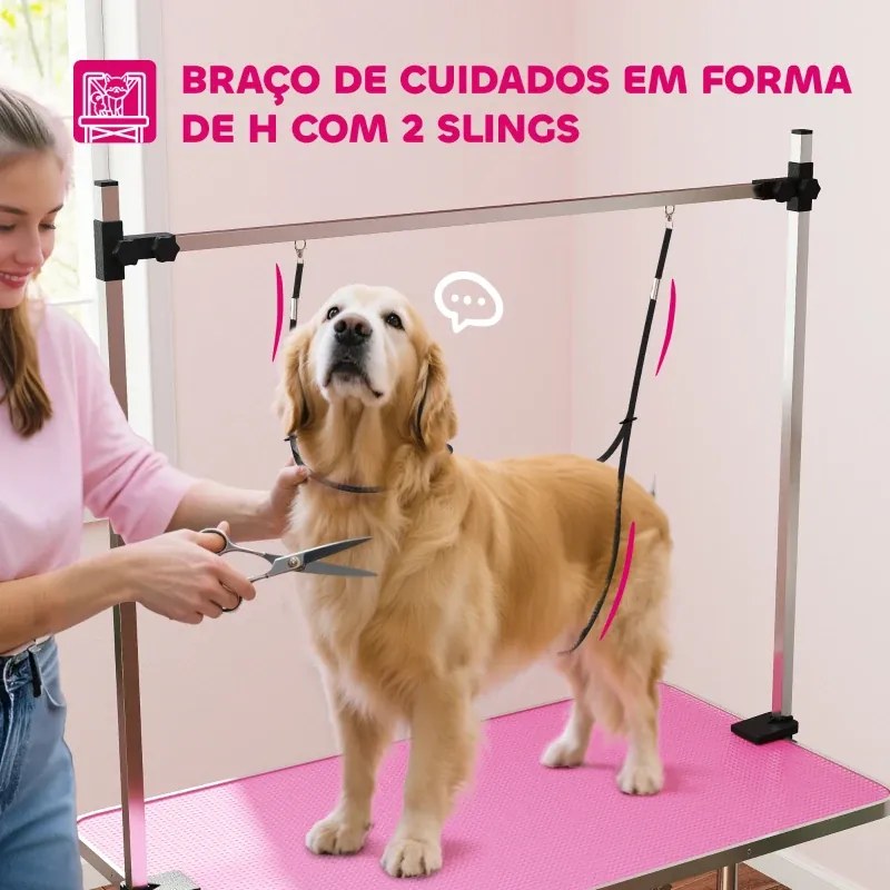 Mesa de Tosquia para Cães Dobrável Mesa de Higiene com Prateleira Metálica Superfície Antiderrapante 107x60x164 cm, Rosa