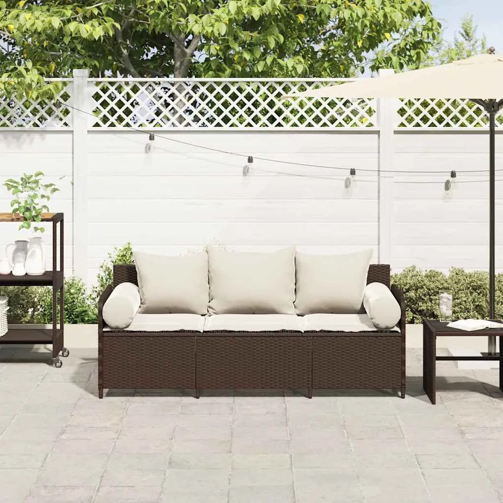 Sofá de jardim com almofadões 3 lugares vime PE castanho