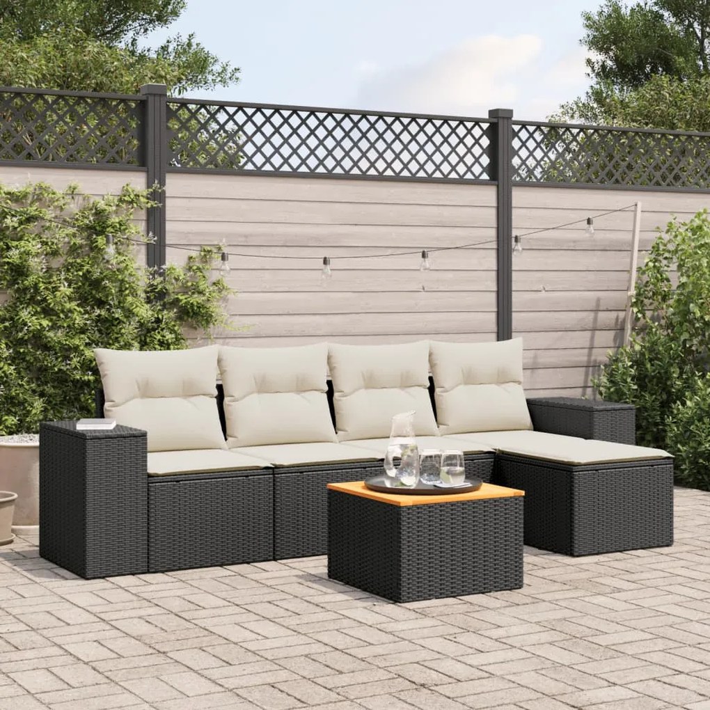 6 pcs conjunto sofás de jardim c/ almofadões vime PE preto