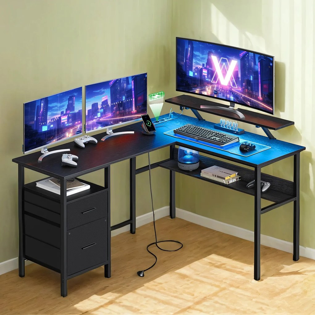 Secretária em forma de L com Iluminação LED ajustável e com tomadas 120 x 150 x 76 cm preto