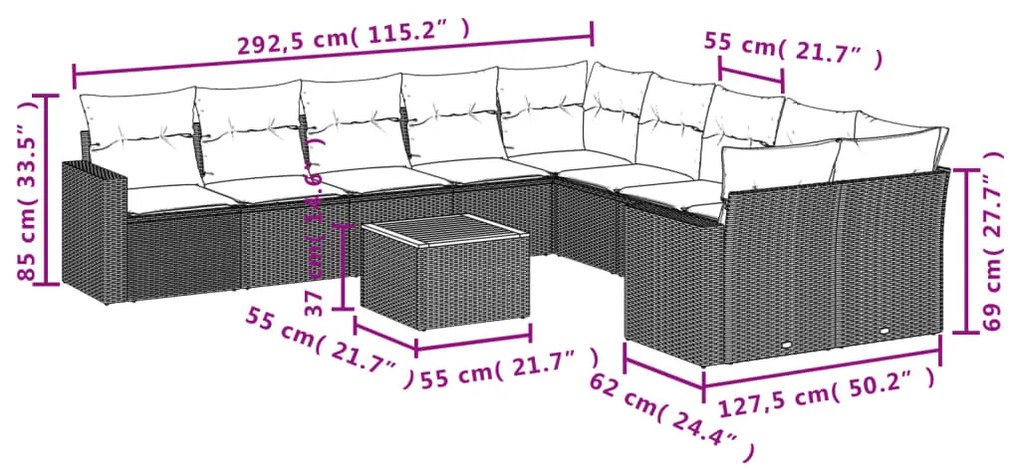 11 pcs conjunto sofás de jardim c/ almofadões vime PE preto