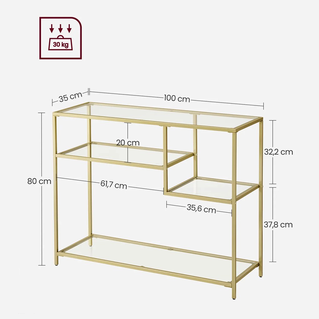 Mesa consola em vidro e metal 35 x 100 x 80 cm Dourado