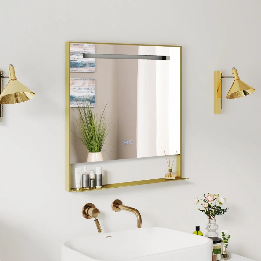 Espelho de casa de banho com LED 80 x 60 cm, função antiembaciamento, 3 cores de luz e brilho ajustável, moldura em alumínio com estante de parede, do