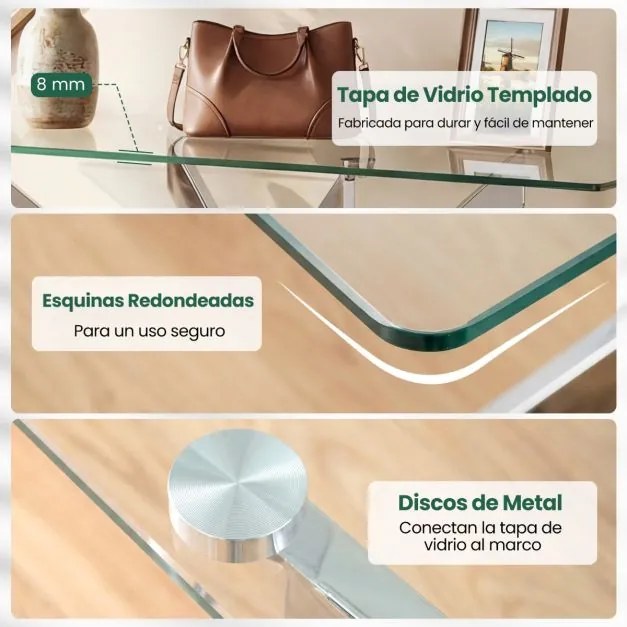 Mesa Consolal 115 x 45 x 78 cm com Tampo Temperado e Pernas de Metal para Sala ou Hall Entrada Prateada