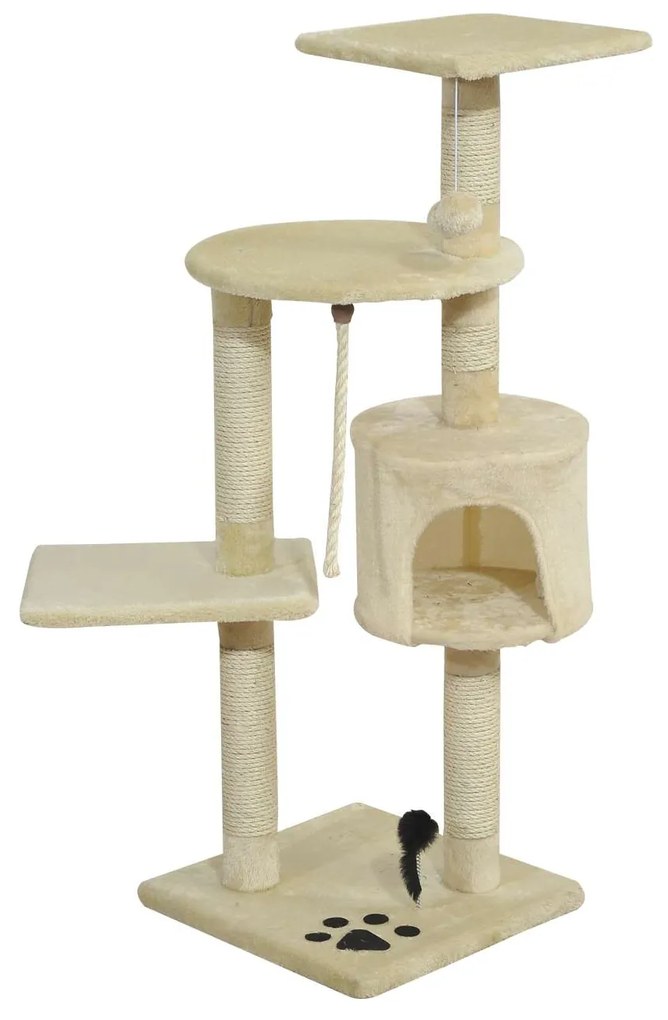 PawHut Árvore Arranhador Gatos 4 Níveis Sisal Caverna Plataforma Brinquedos Interativos Estável 75x40x112 cm Bege