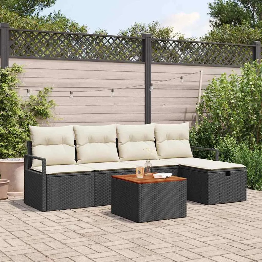 Conjunto de Sofá de Jardim de 6 Peças com Almofadas Preto Vime PE