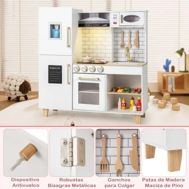 Cozinha de brincar para crianças em madeira 92 x 30 x 98 cm com luzes e sons Máquina de gelo Exaustor Quadro para crianças 3+ anos Branco