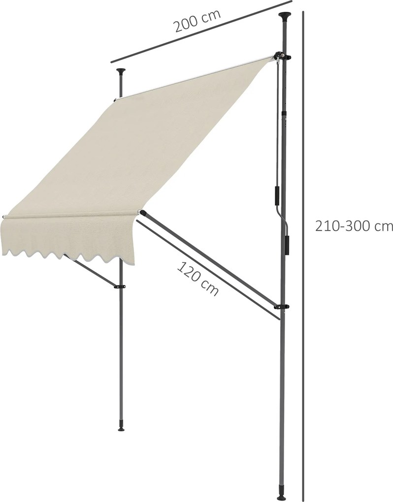 Toldo retrátil manual autoportante, 2,0 m (L) x 1,2 m (P) x 2,1–3,0 m (A), inclinação ajustável, metal, alumínio, poliéster, cor areia