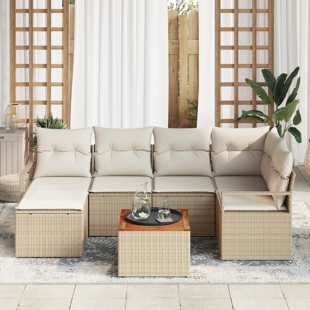 Conjunto de Sofá de Jardim com 7 Peças e Almofadas Bege Rattan Poly Ac
