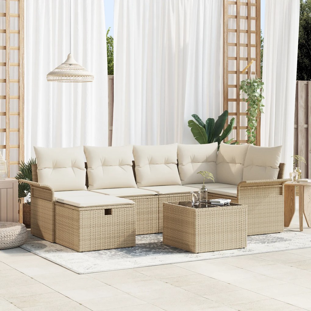 Conjunto de Sofás de Jardim de 7 Peças com Almofadas Bege Rattan Polié