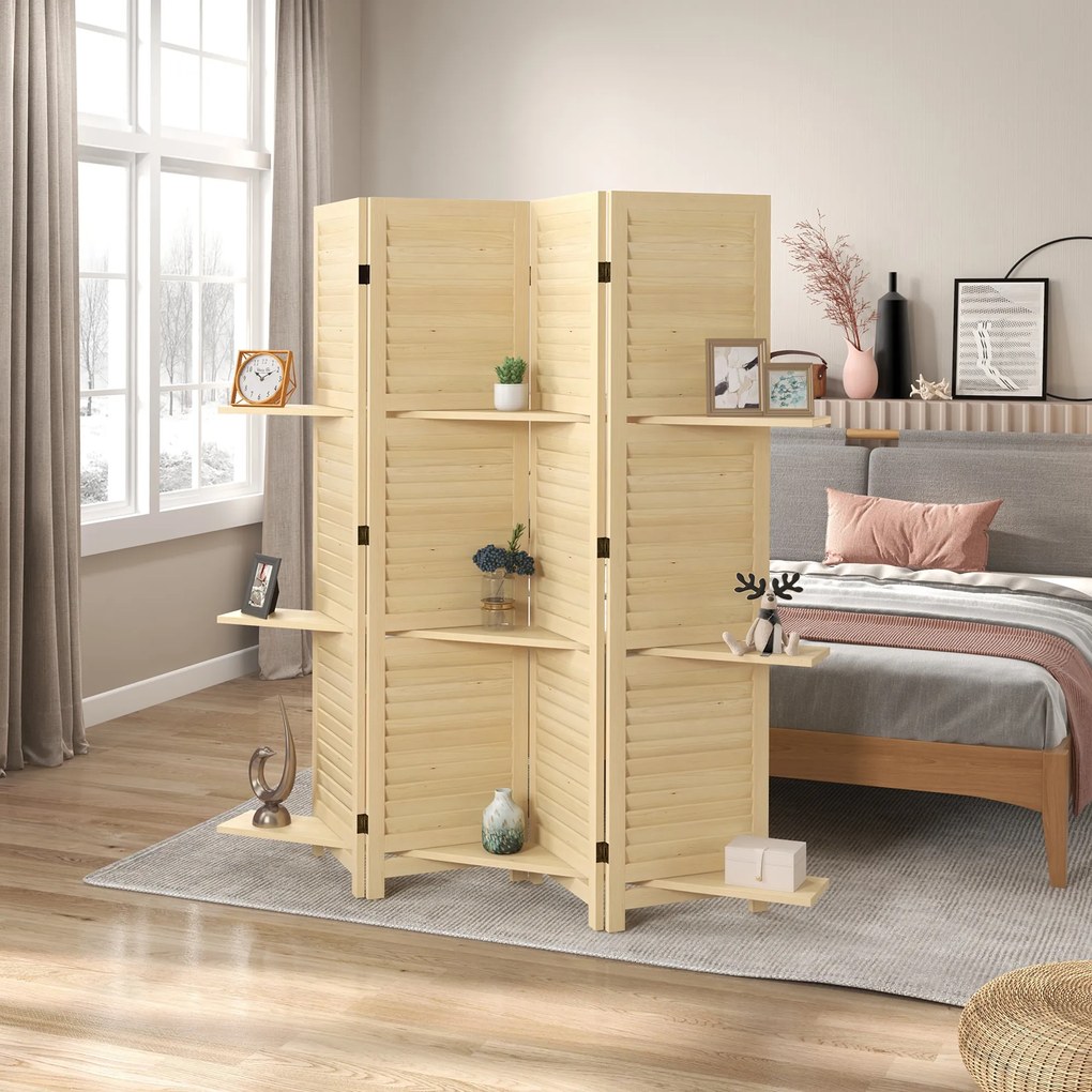 Biombo de interior de 4 painéis, 160 cm (L) x 170 cm (A), com 3 prateleiras dobráveis, divisória de ambientes, portas com persianas, acabamento natura