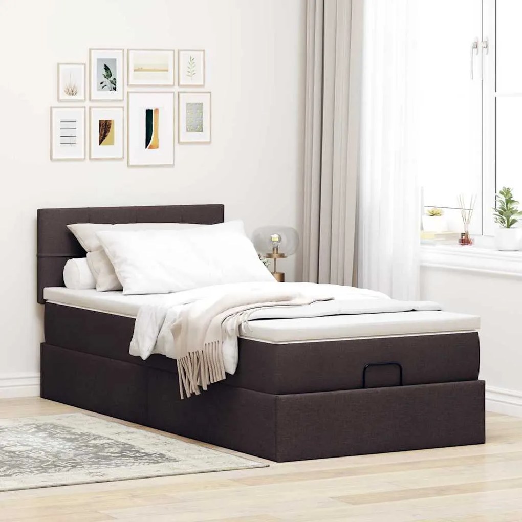 Cama otomana com colchão & LEDs 90x200cm tecido castanho escuro