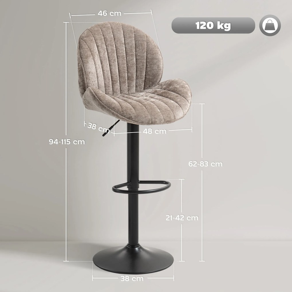 Conjunto de 2 bancos de bar em forma de concha, com encosto, altura ajustável e apoio para os pés, estrutura em aço, castanho