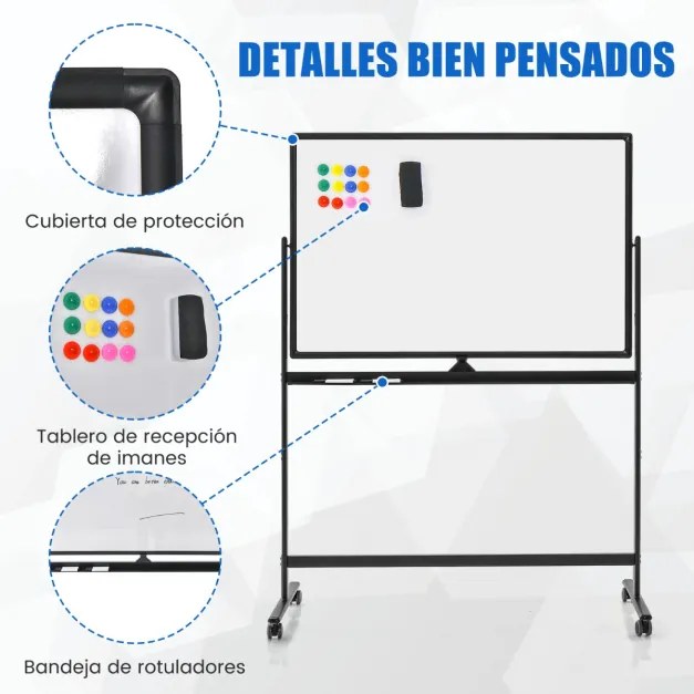 Quadro branco magnético dupla face com suporte de rotação de 360° para escritório escola e casa 56 x 128 x 145-173 cm branco