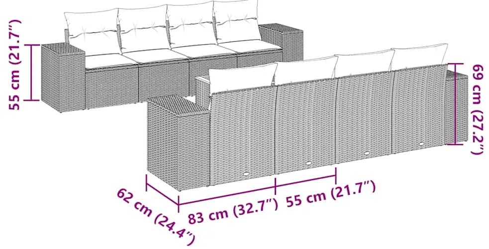 9 pcs conjunto de sofás p/ jardim c/ almofadões vime PE preto