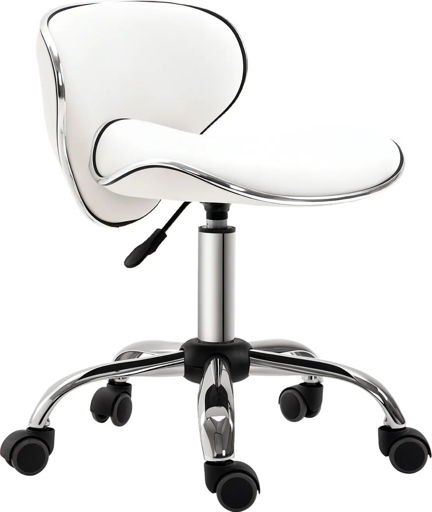 Banco com rodas, banco de trabalho com altura ajustável de 44 a 56 cm e encosto, giratório a 360°, branco