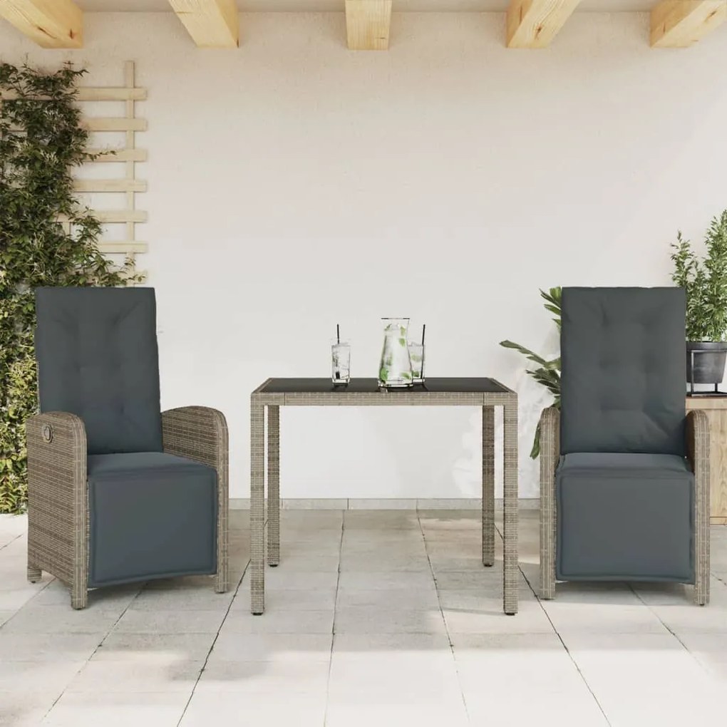 3 pcs conjunto bistrô com almofadões vime PE cinza