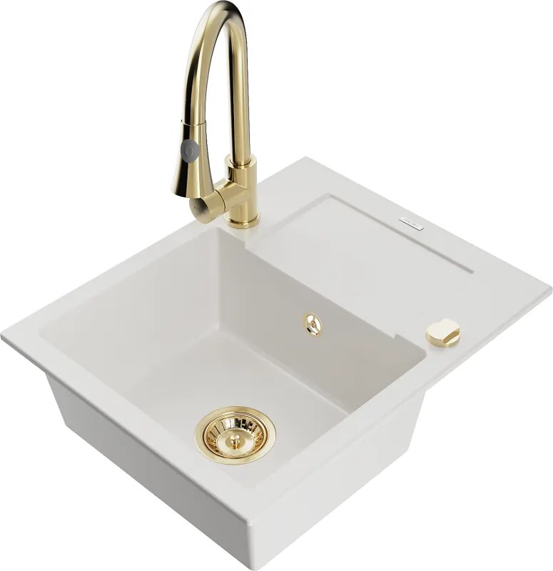 Mexen Enzo lava-louça de granito de 1 cuba com escorredor e torneira de cozinha Elia, branco - 6506-20-670101-50