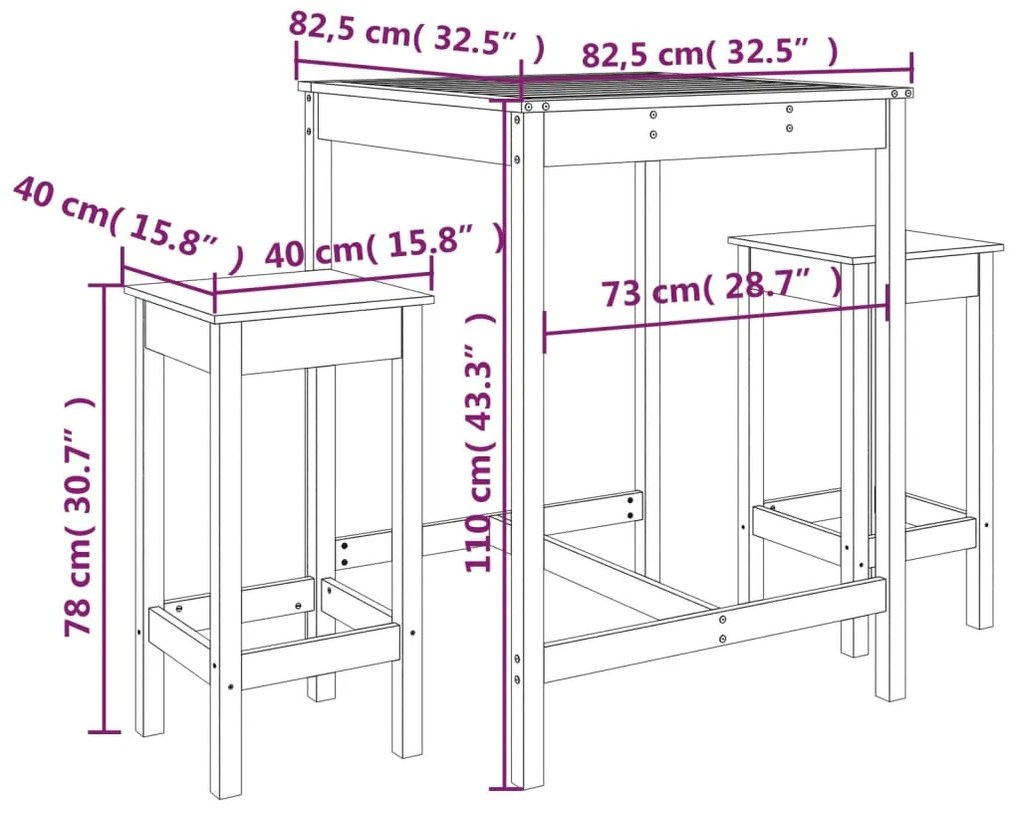 3 pcs conjunto de bar para jardim pinho maciço branco