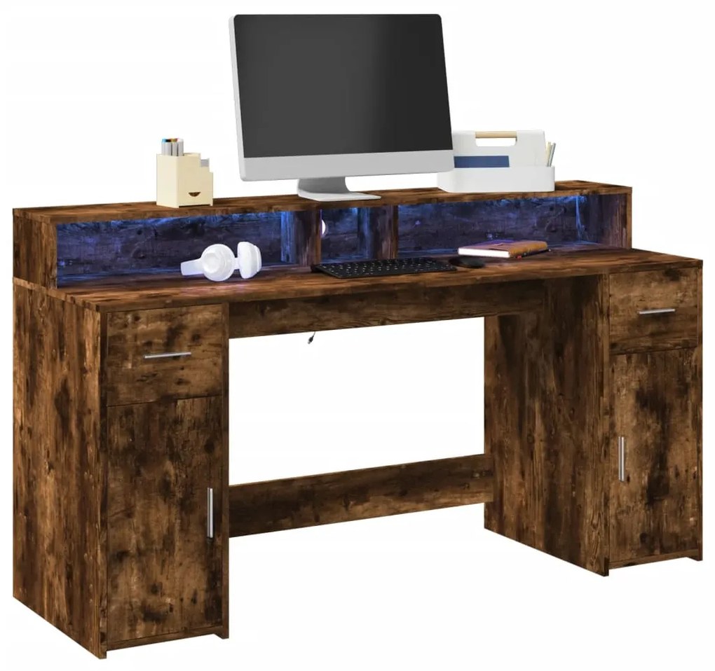 vidaXL Secretária luzes LED 160x55x91cm deriv. madeira carvalho fumado