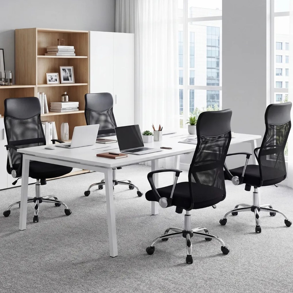 Cadeira de escritório ergonómica com rodas, altura 112-122 cm, braços, encosto em malha e couro PVC, reclinação, capacidade de 150 kg, preta