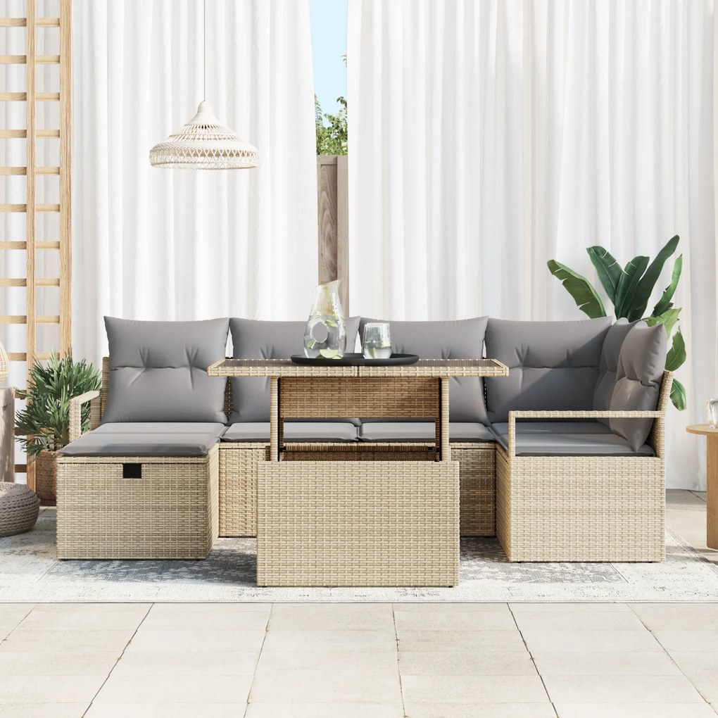 Conjunto de Sofá de 7 Peças para o Jardim com Almofadas Bege Rattan Po