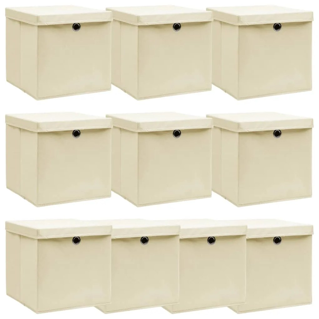 288360 vidaXL Caixas de arrumação com tampa 10 pcs 32x32x32 cm tecido creme