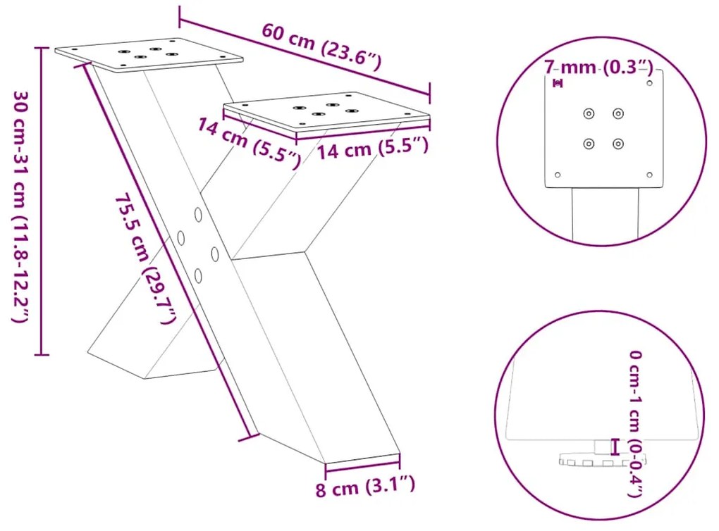 Pés para mesa de centro em formato de X, 2 peças, aço natural, 60x(30-