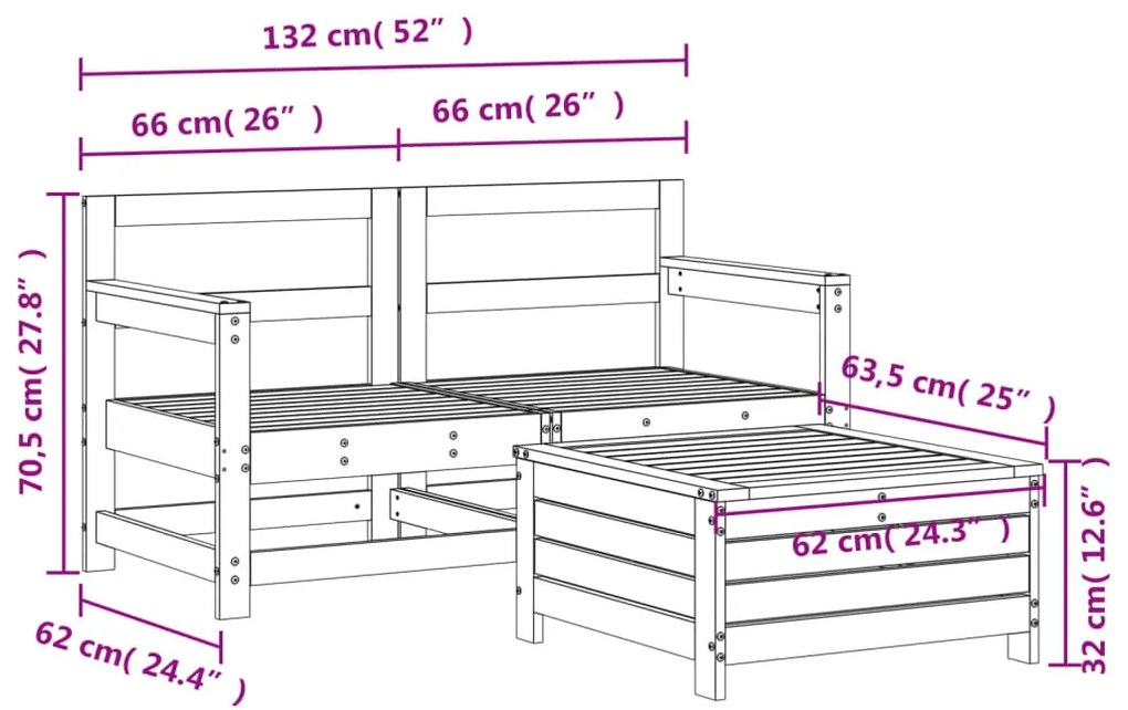 3 pcs conjunto sofás de jardim madeira de pinho maciça