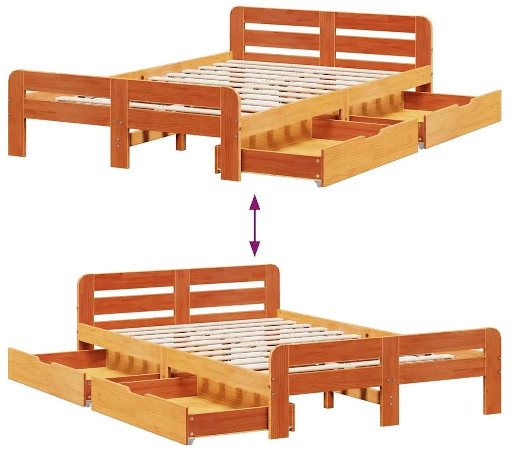 Cama sem colchão 135x190 cm madeira pinho maciça castanho-mel