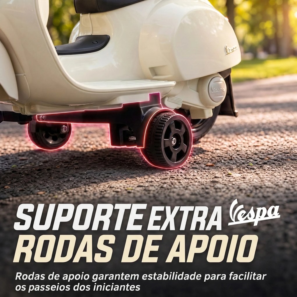 Mota Elétrica Infantil 6V para crianças 18-36 meses Mini Vespa GTS com 2 Rodas Auxiliares, Bateria de Lítio, Farol, Buzina e Encosto, Branco