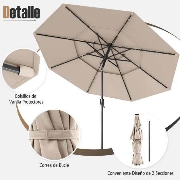 Guarda-sol Jardim de 313 cm com 32 luzes LED Teto ventilado de 3 níveis Ajuste de inclinação Bege