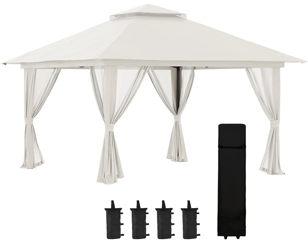 Outsunny Tenda Dobrável Pop-UP 3,92x3,92x2,83m Tenda de Jardim com Altura Ajustável Proteção UV50+ Teto Duplo Rede Mosquiteira e Bolsa de Transporte com Rodas para Festas Campismo Bege