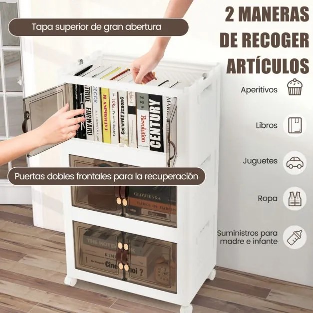 Conjunto de 3 caixas arrumação empilháveis com portas de rodas com fecho e tampas dobráveis em PP para o quarto 49,5 x 31,5 x 86 cm  Branco