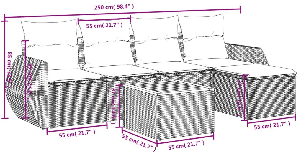 6 pcs conjunto sofás de jardim c/ almofadões vime PE preto