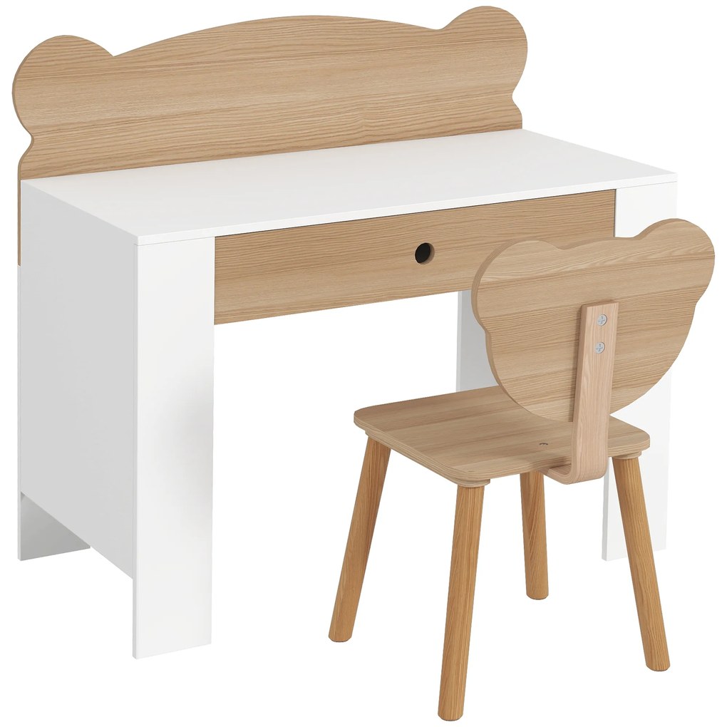 Secretária para Crianças com Cadeira em Forma de Ursinho Secretária Infantil com Gaveta para Estudar Ler e Desenhar Branco e Madeira