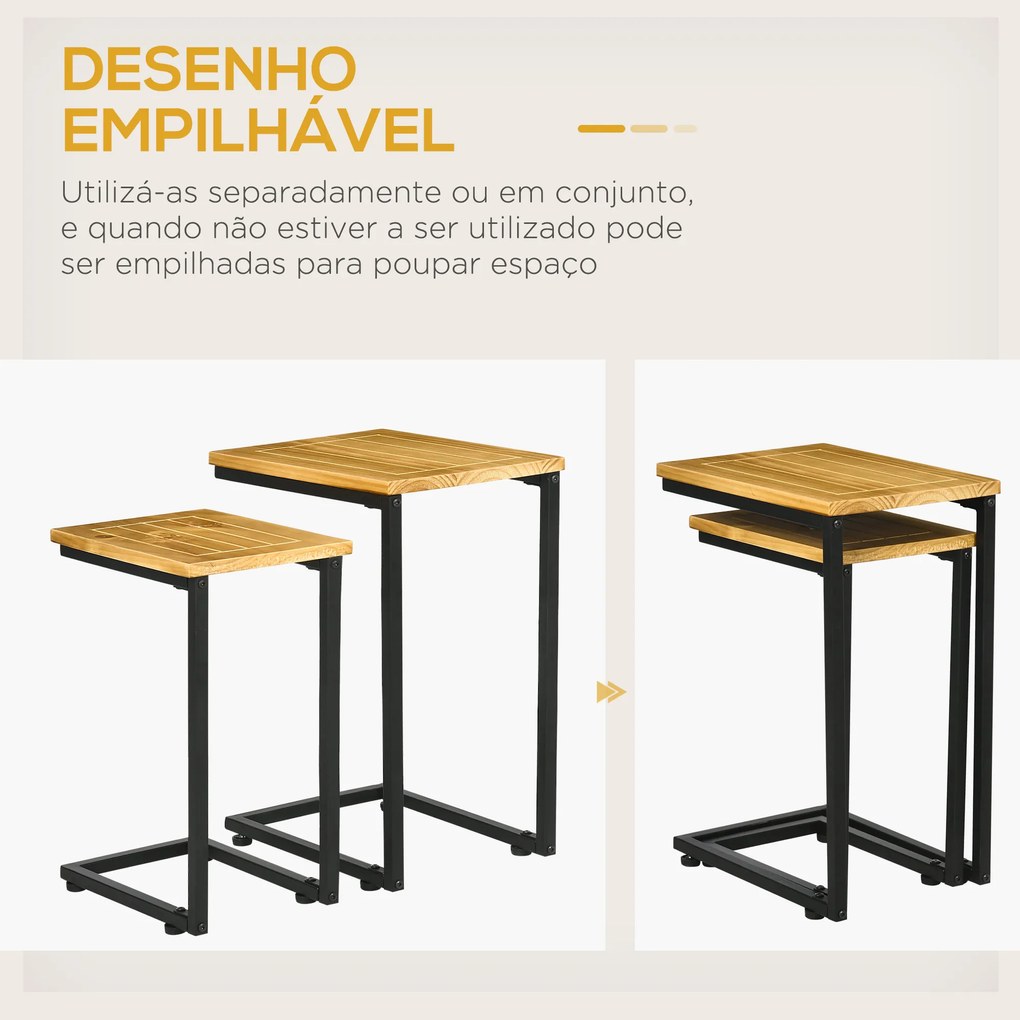 Conjunto de 2 Mesas Auxiliares de Jardim em Forma de C com Estrutura de Metal e Bancada de Madeira 40x30x60 cm e 35x24,5x52 cm Madeira e Preto