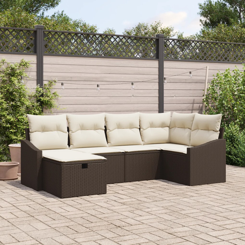 Conjunto de Sofá de Jardim de 6 Peças com Almofadas Castanho Rattan Po