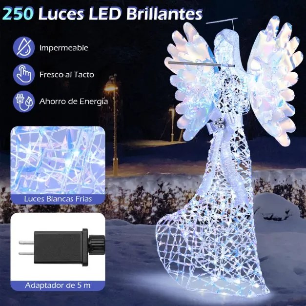 Anjo de Natal LED 158 cm com auréola e flauta pré-iluminado com 250 luzes para interior e exterior com laços branco quente