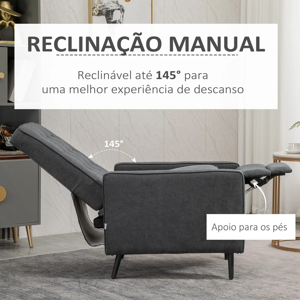 HOMCOM Poltrona Relax Reclinável Manual até 145° Estofada em Poliéster com Apoio para os Pés Retrátil Carga Máxima 150kg para Sala de Estar Dormitório Escritório 68x87x100cm Cinza