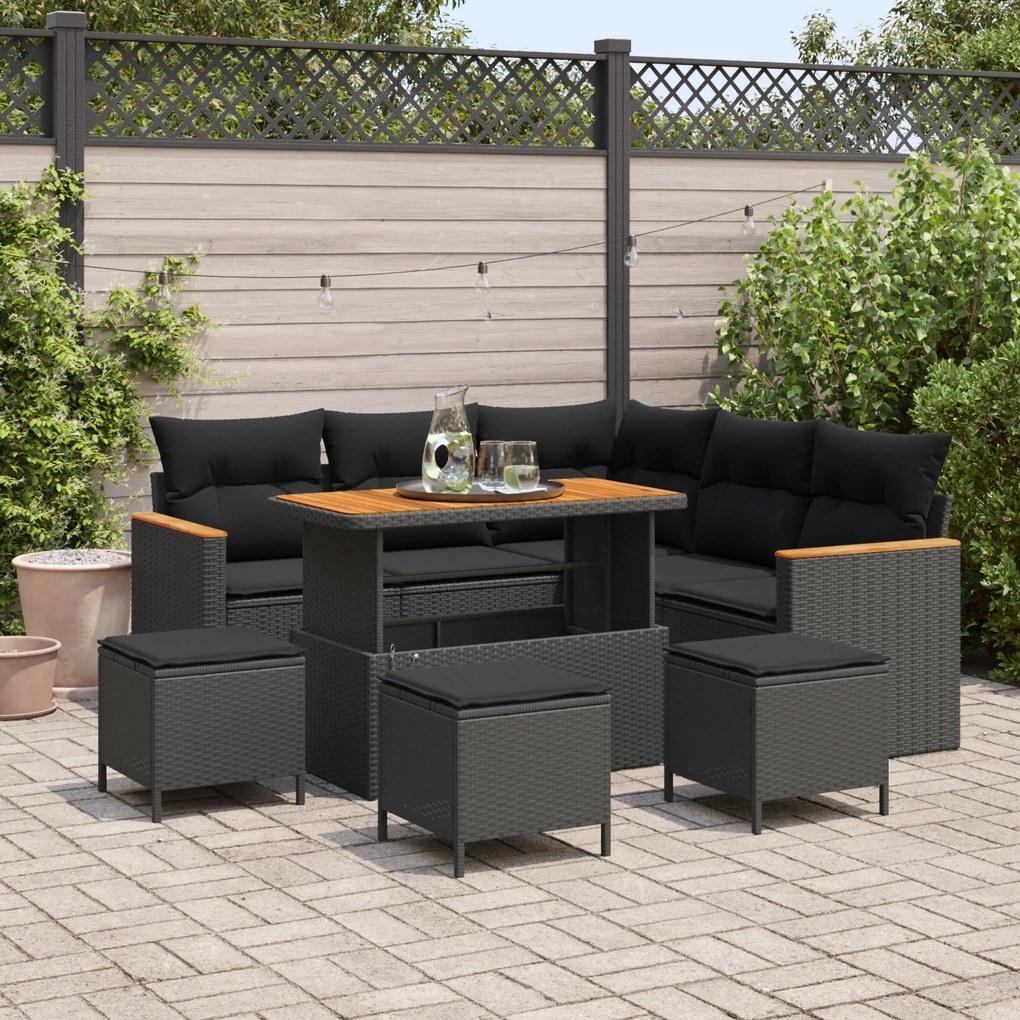 Conjunto de Sofá de Jardim vidaXL com 9 Peças e Almofadas Preto Rattan Polipropileno Acácia