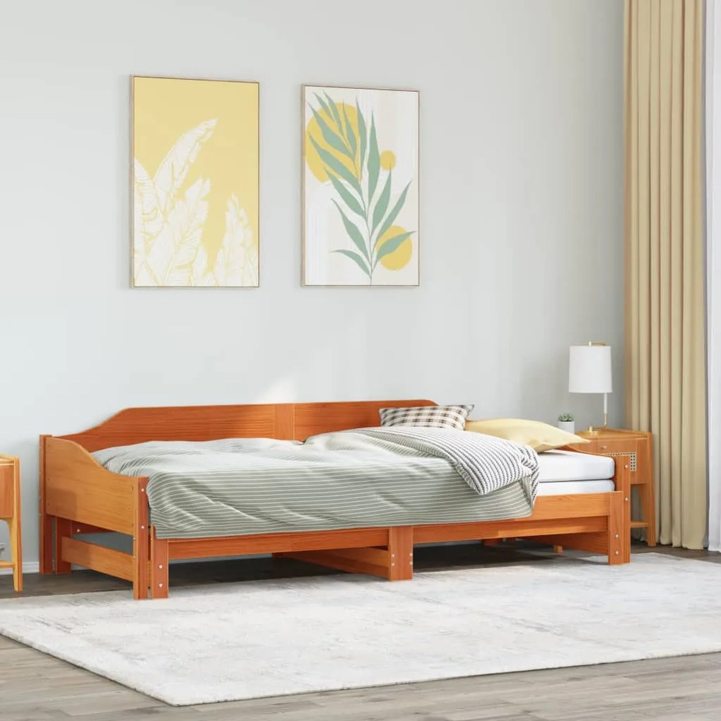 vidaXL Sofá-cama com gavetão 90x200 cm madeira de pinho castanho cera