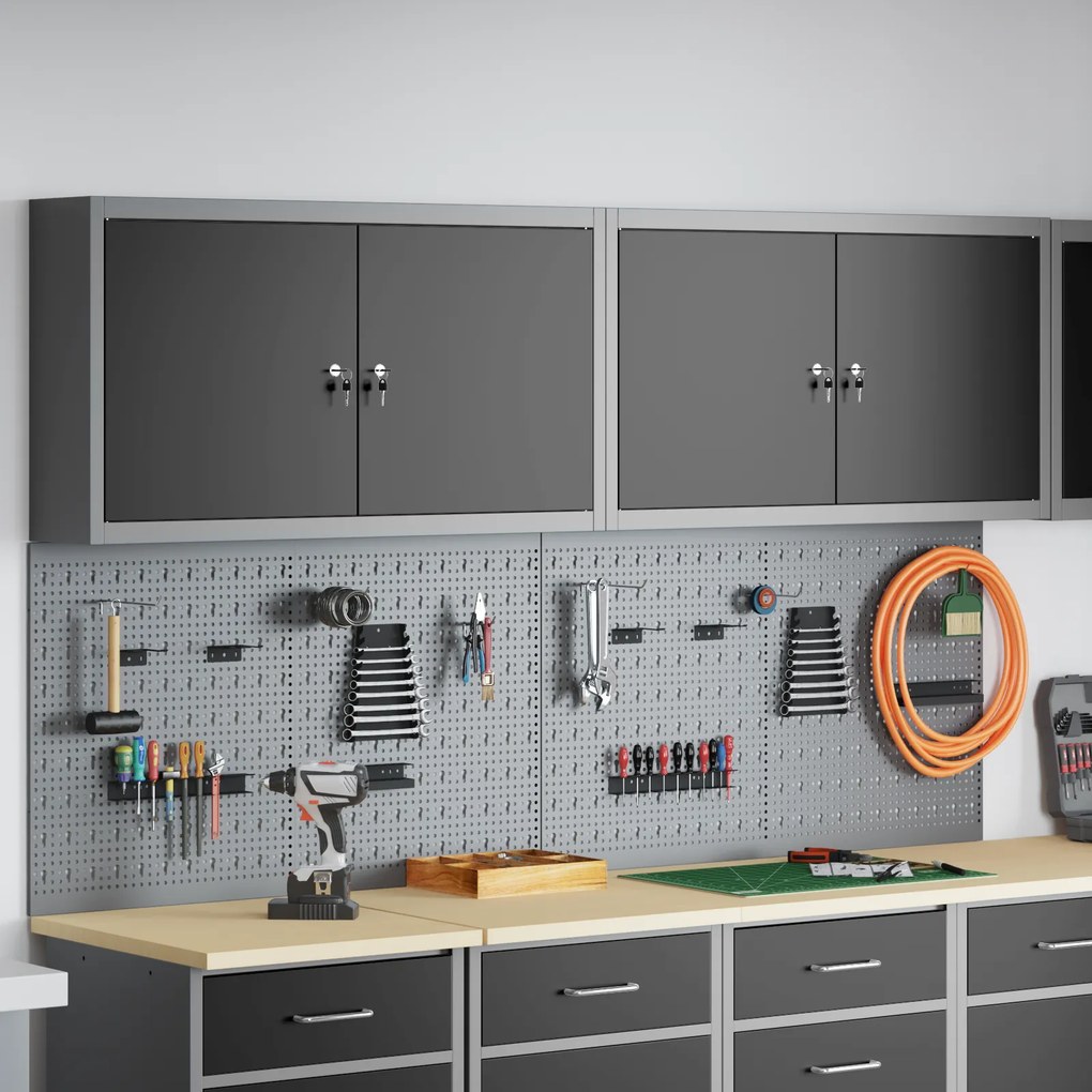 Conjunto de Gabinete e Painel de Ferramentas vidaXL com 6 Peças Montado na Parede em Metal Preto