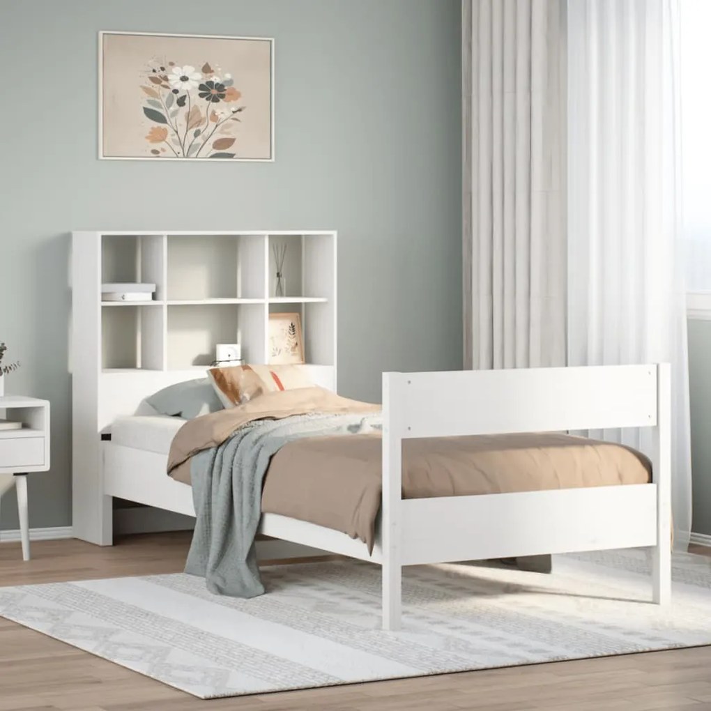vidaXL Cama com estante sem colchão 90x190 cm pinho maciço branco