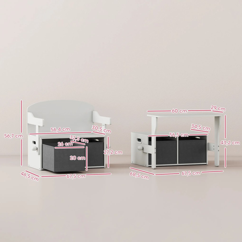 Banco para Crianças Conversível 3 em 1 Conjunto de Mesa e Cadeira Baú de Brinquedos com Cubos de Tecido Removíveis Branco