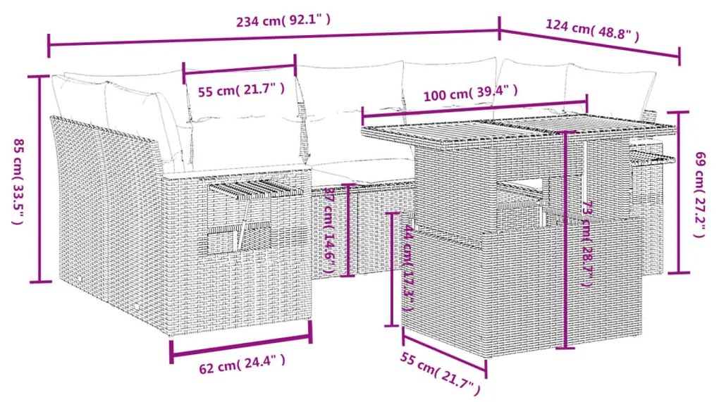 7 pcs conjunto de sofás p/ jardim com almofadões vime PE bege